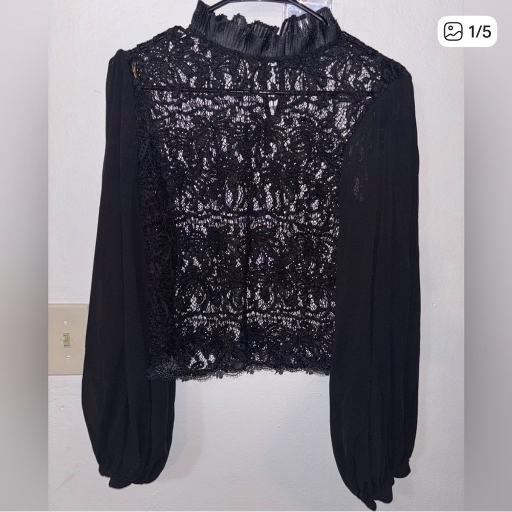Gracia Black Lace Blouse with Sheer Sleeves